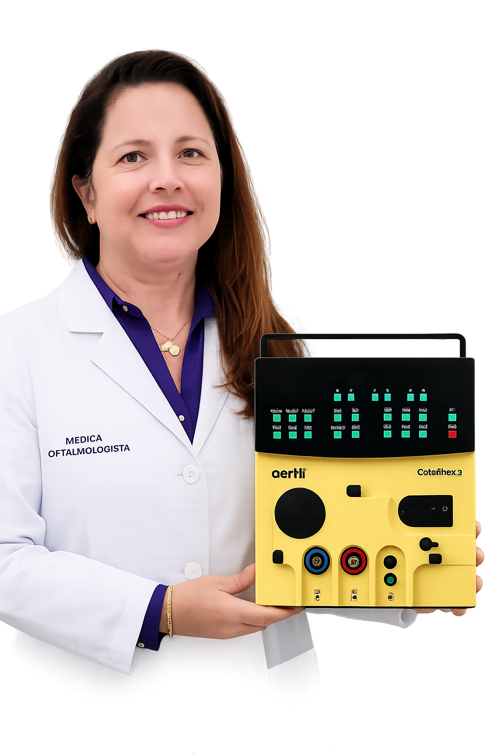 Dra. Telma Gonzaga com equipamento de ultrassonografia ocular